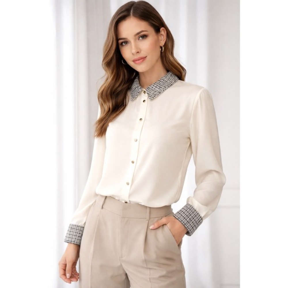 ZARA‎ Cream Tweed Collar Button Up Long Sleeve Blouse Women's L 88-21
